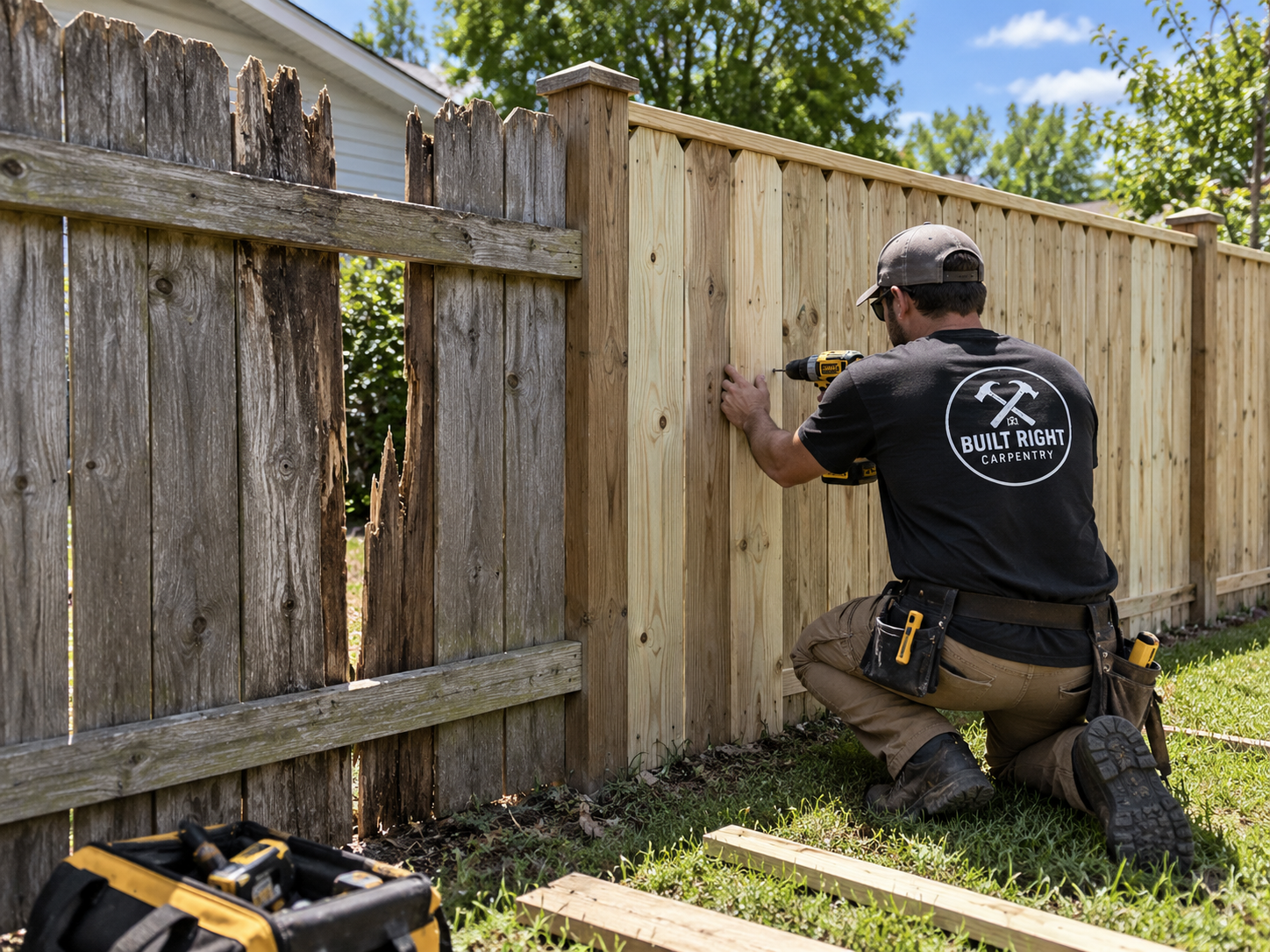 Wood privacy fence repair with replacement boards · service illustration